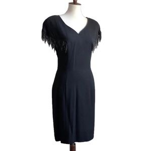Black Cocktail Dress Beaded Fringe Fitted Size 8